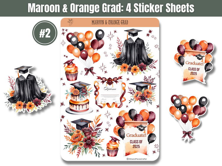 Maroon and Orange Graduation Stickers Set of 4