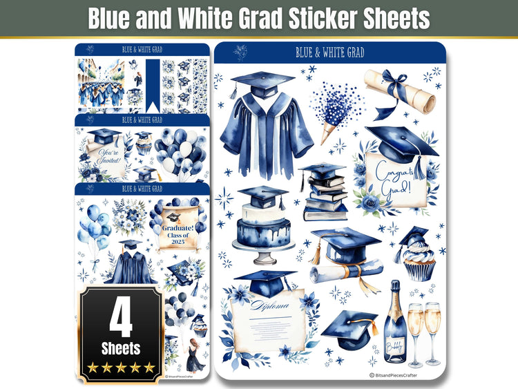 Blue and White Graduation Sticker Pack 4 Sheet Set