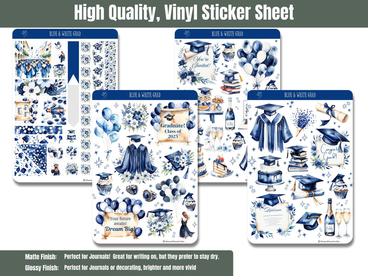 Blue and White Graduation Sticker Pack 4 Sheet Set