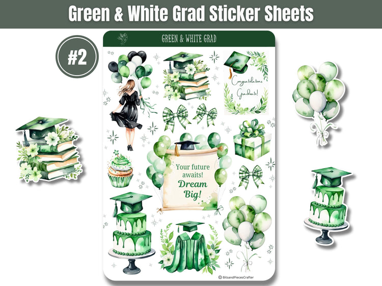Green and White Graduation Planner Stickers Set of 4