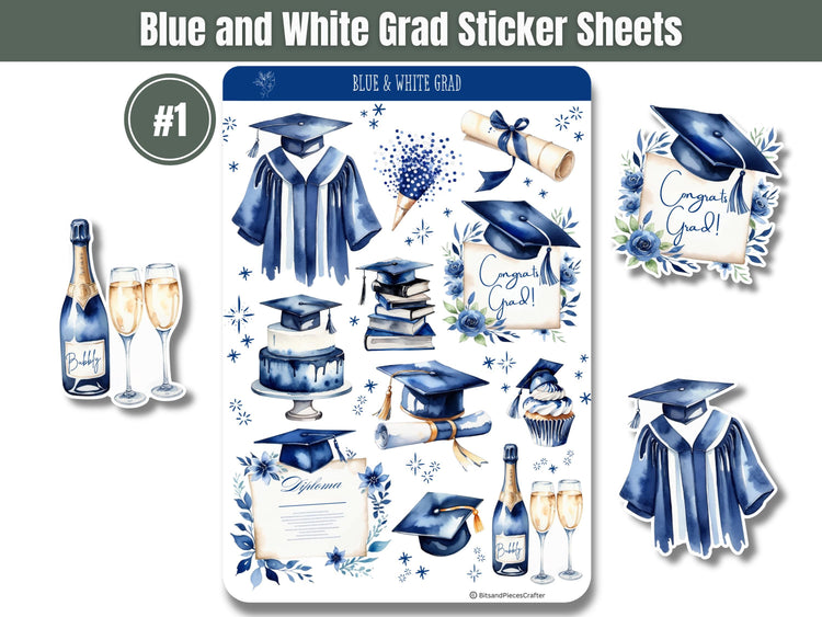 Blue and White Graduation Sticker Pack 4 Sheet Set