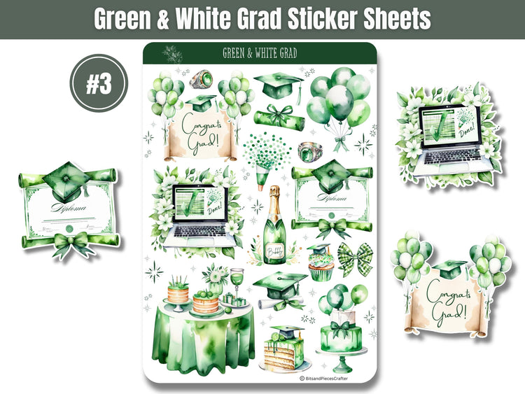 Green and White Graduation Planner Stickers Set of 4