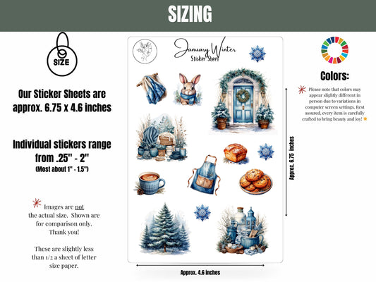 January Cozy Winter Vibes Sticker Sheet: Blue Winter Stickers for Journalling, Planners, Scrapbooking, and Card Making