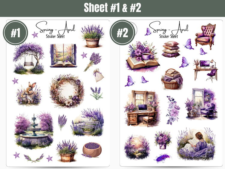 Monthly Sticker Pack - Spring Purple Sticker Sheets: April / Spring Planner, Journal, and Scrapbooking Stickers