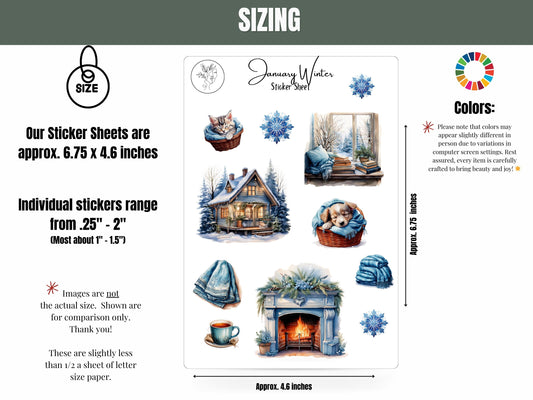 January Sticker Sheet, Blue Winter Stickers, Journalling Stickers, Cabin and fireplace sticker, Junk journal Sticker Sheet, 2025 Planner Set