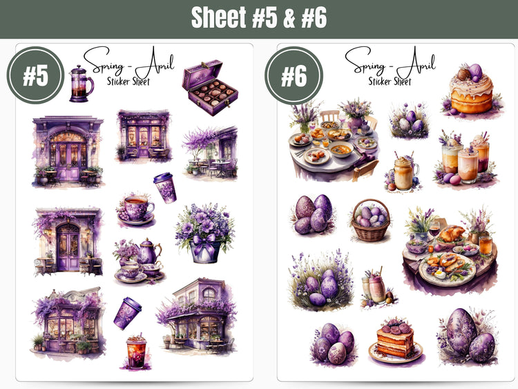 Monthly Sticker Pack - Spring Purple Sticker Sheets: April / Spring Planner, Journal, and Scrapbooking Stickers