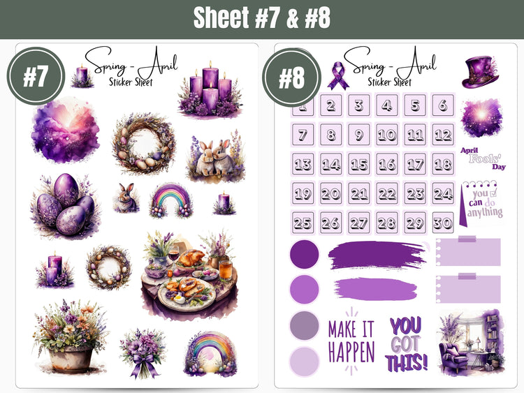 Monthly Sticker Pack - Spring Purple Sticker Sheets: April / Spring Planner, Journal, and Scrapbooking Stickers