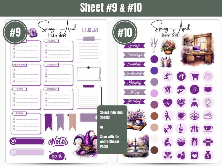 Monthly Sticker Pack - Spring Purple Sticker Sheets: April / Spring Planner, Journal, and Scrapbooking Stickers