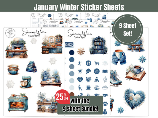 Monthly Sticker Pack: January Blue Winter Sticker Sheets for Journals, Planners, Scrapbooks and Card Making