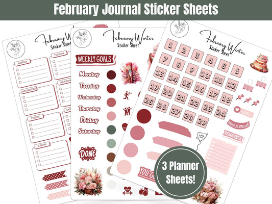 February Planner Pink Sticker Sheets: Sticker Sheets for Journalling, Planning, Scrapbooking, Card Making and more!