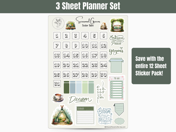 Monthly Spring Seasonal Green Sticker Sheets: March Set #2 Planner, Journal, and Scrapbooking Stickers