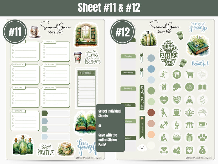 Monthly Spring Seasonal Green Sticker Sheets: March Set #2 Planner, Journal, and Scrapbooking Stickers