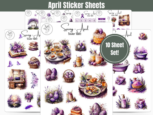 Monthly Sticker Pack - Spring Purple Sticker Sheets: April / Spring Planner, Journal, and Scrapbooking Stickers