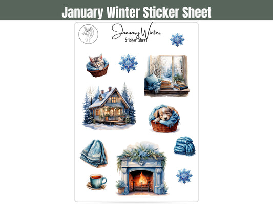 January Sticker Sheet, Blue Winter Stickers, Journalling Stickers, Cabin and fireplace sticker, Junk journal Sticker Sheet, 2025 Planner Set