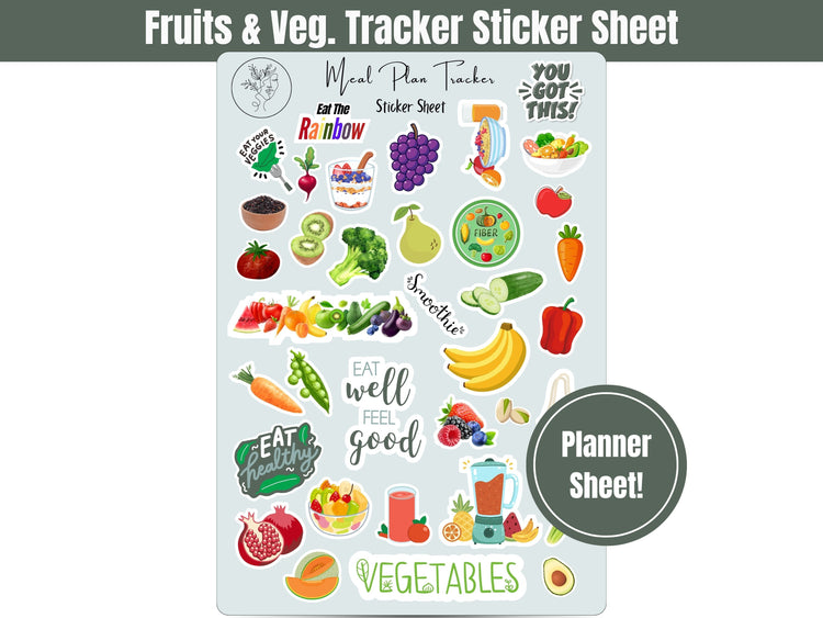 Meal Planning Healthy Eating Fruits and Veggies Sticker Sheet: Healthy Habits Tracker and Meal Prep for Planners and Journals