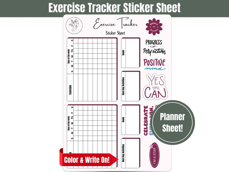 Workout Journal Sticker Sheet: Exercise Log and Motivational Quotes