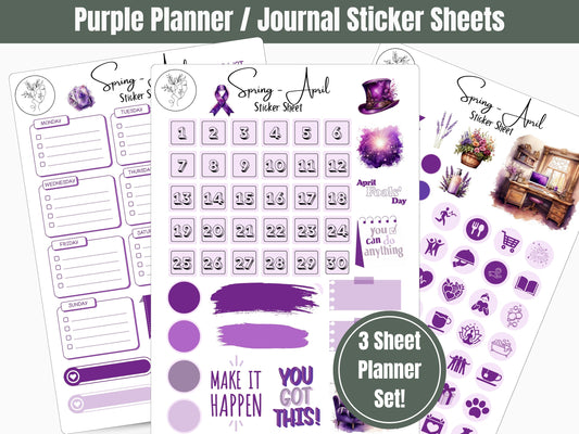 Monthly Sticker Pack - Spring Purple Sticker Sheets: April / Spring Planner, Journal, and Scrapbooking Stickers