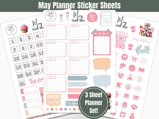 May Planner Sticker Sheets in Pastel Colors: 3 Sheet Sticker Set for Journals, Planners, Scrapbooks and more