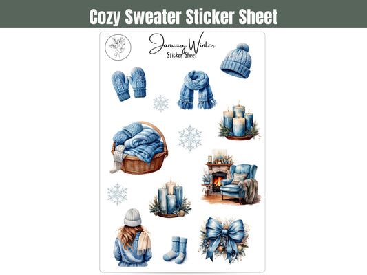 January Sweater Weather Sticker Sheet: Blue Winter Stickers for Journalling, Planners, Scrapbooking, and Card Making