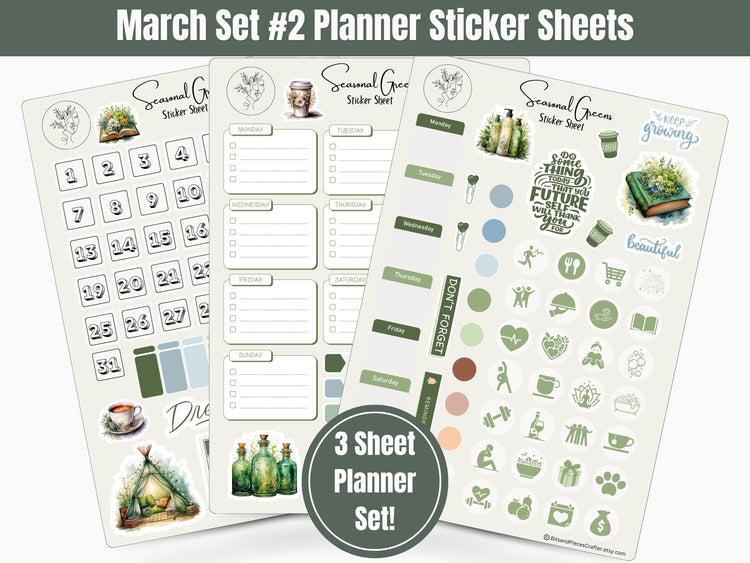 Monthly Spring Seasonal Green Sticker Sheets: March Set #2 Planner, Journal, and Scrapbooking Stickers