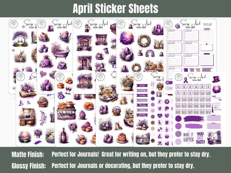 Monthly Sticker Pack - Spring Purple Sticker Sheets: April / Spring Planner, Journal, and Scrapbooking Stickers