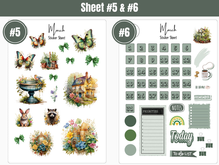 Monthly Planner Sticker Sheets: March Set 1 Spring Sticker Sheets for Journalling, Planning, and Scrapbooking