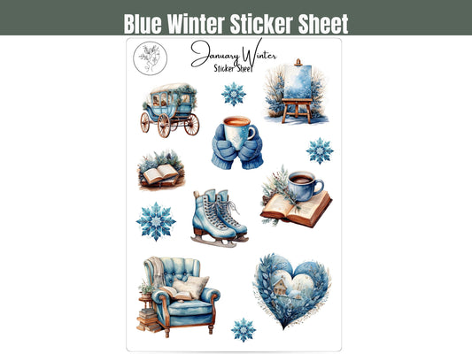 January Books and Coffee Sticker Sheet: Blue Winter Stickers for Journalling, Planners, Scrapbooking, and Card Making