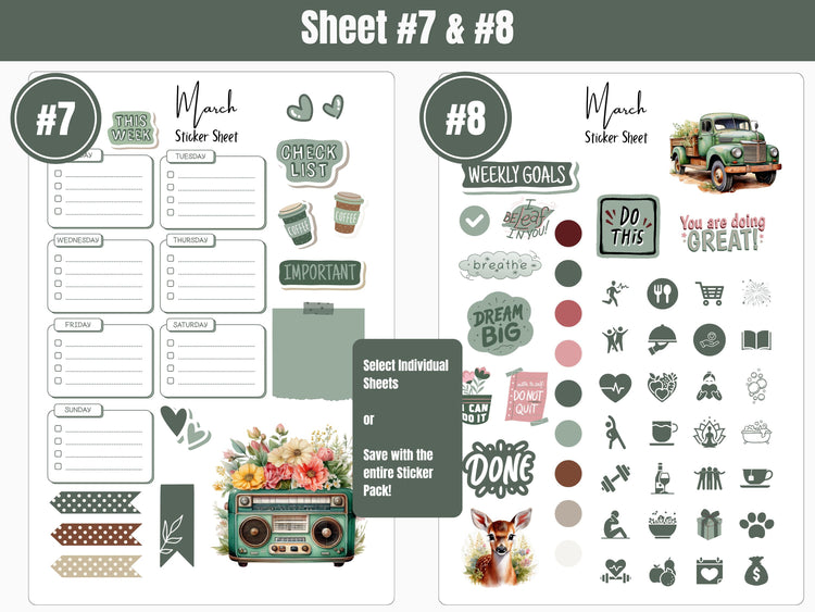 Monthly Planner Sticker Sheets: March Set 1 Spring Sticker Sheets for Journalling, Planning, and Scrapbooking