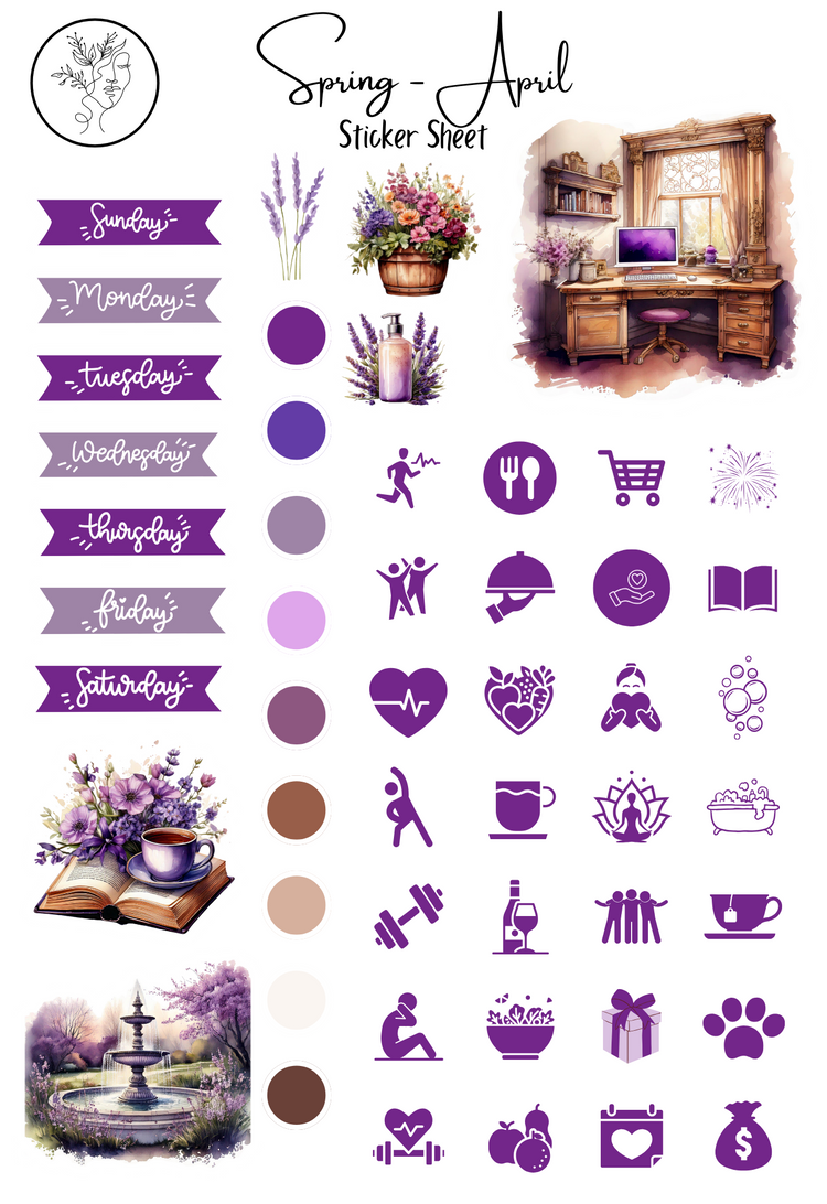 Monthly Sticker Pack - Spring Purple Sticker Sheets: April / Spring Planner, Journal, and Scrapbooking Stickers