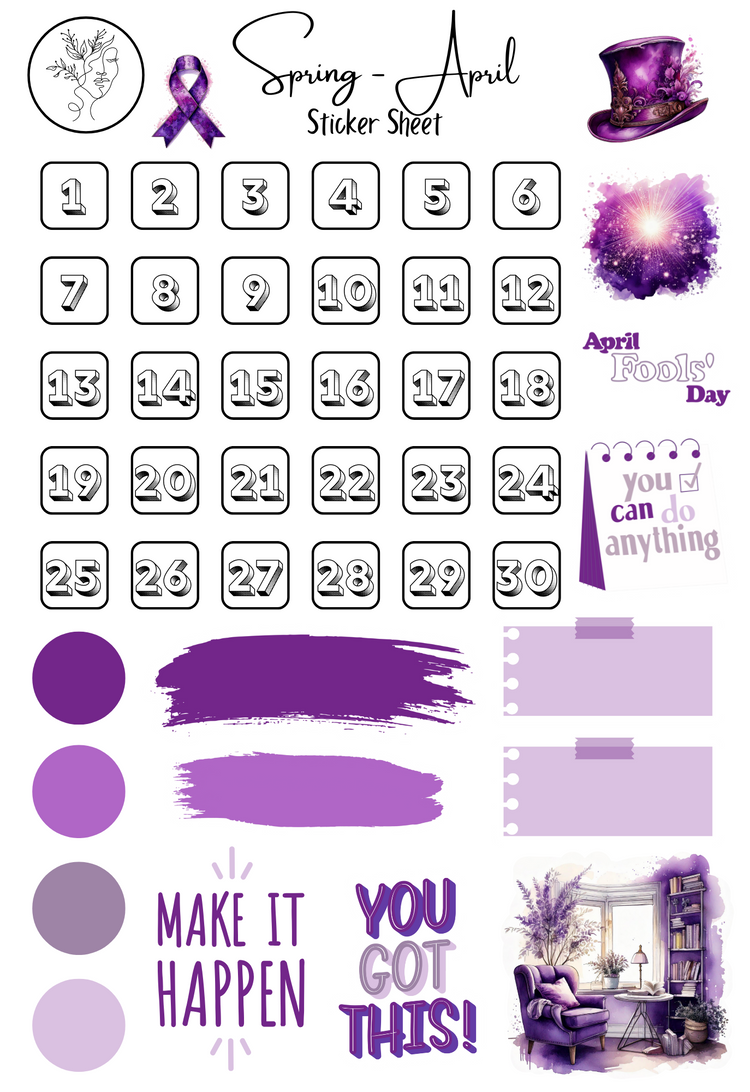 Monthly Sticker Pack - Spring Purple Sticker Sheets: April / Spring Planner, Journal, and Scrapbooking Stickers