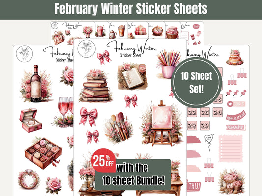 Monthly Planner Stickers: February Sticker Sheets, Pink Sticker Set for Journal, Planner, Scrapbooking, and Card Making