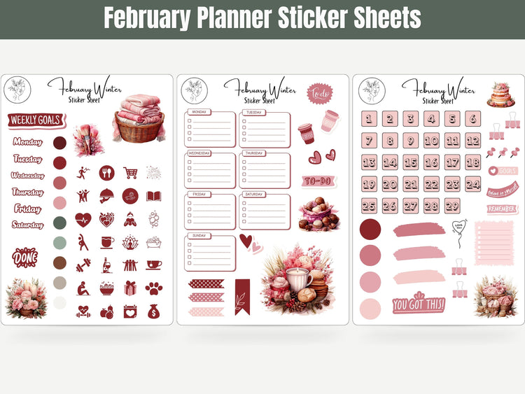 Monthly Planner Stickers: February Sticker Sheets, Pink Sticker Set for Journal, Planner, Scrapbooking, and Card Making