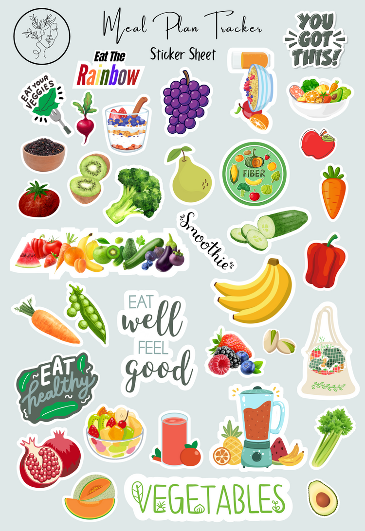 Meal Planning Healthy Eating Fruits and Veggies Sticker Sheet: Healthy Habits Tracker and Meal Prep for Planners and Journals