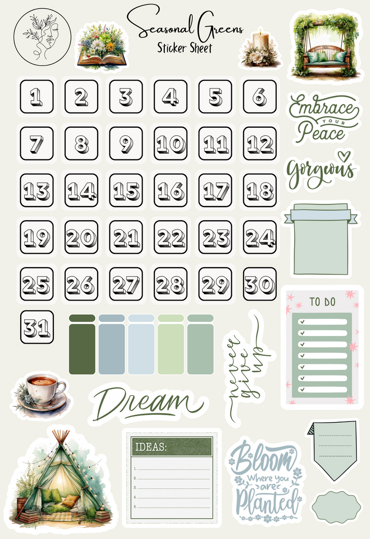 Monthly Spring Seasonal Green Sticker Sheets: March Set #2 Planner, Journal, and Scrapbooking Stickers