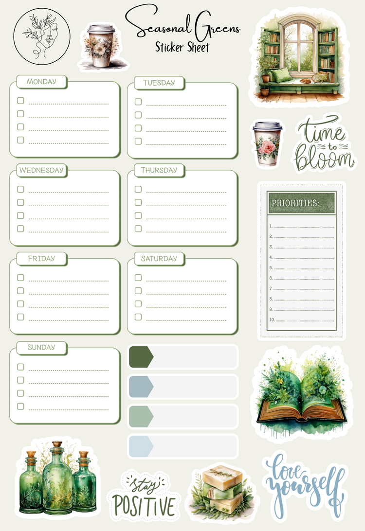 Monthly Spring Seasonal Green Sticker Sheets: March Set #2 Planner, Journal, and Scrapbooking Stickers