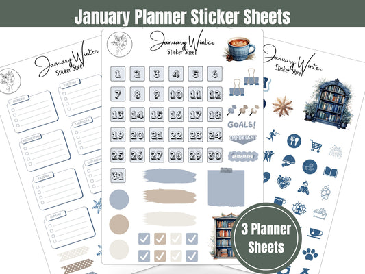 January Planner Sticker Sheets: Blue Winter 3 sheet January Planner and Journal Sticker Pack