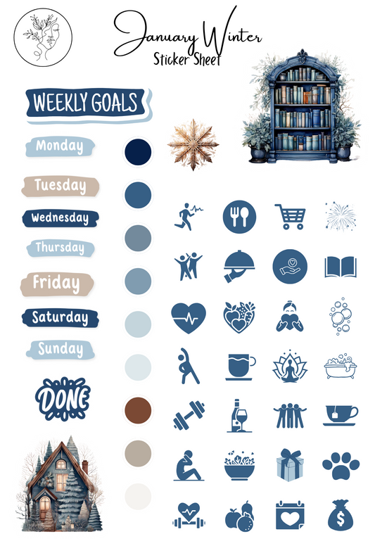 January Planner Sticker Sheets: Blue Winter 3 sheet January Planner and Journal Sticker Pack