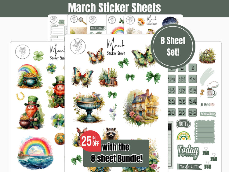 Monthly Planner Sticker Sheets: March Set 1 Spring Sticker Sheets for Journalling, Planning, and Scrapbooking