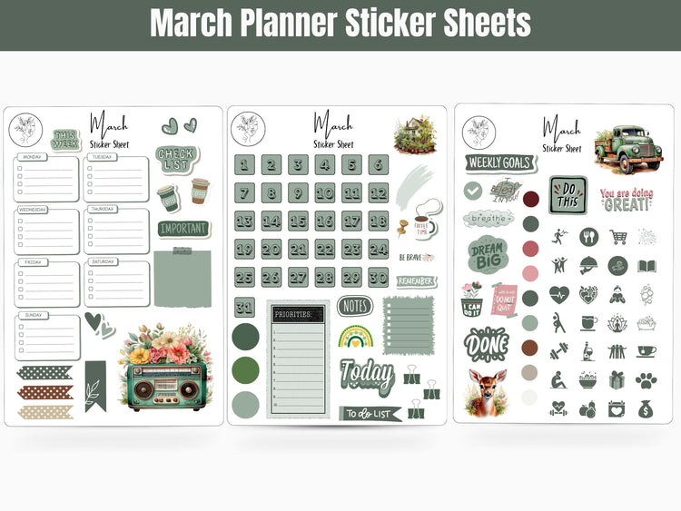 Monthly Planner Sticker Sheets: March Set 1 Spring Sticker Sheets for Journalling, Planning, and Scrapbooking