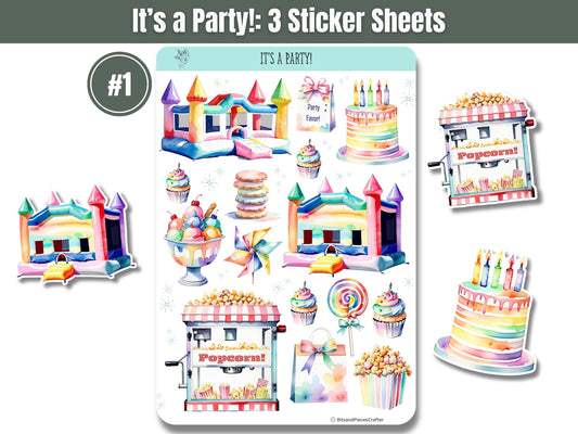 Birthday Party Sticker Sheets Set of 3