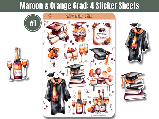 Maroon and Orange Graduation Stickers Set of 4