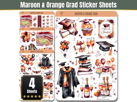 Maroon and Orange Graduation Stickers Set of 4