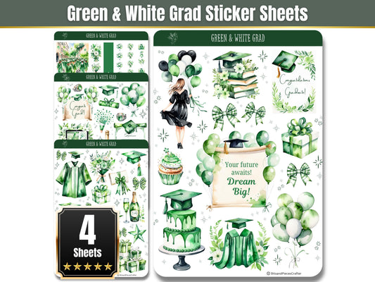 Green and White Graduation Planner Stickers Set of 4